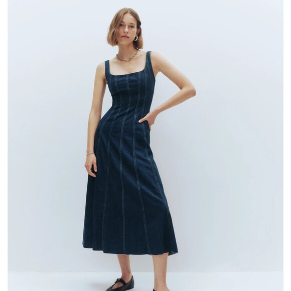 Reformation Dress Amory Midi Jean Denim Sleeveless Zip A-line Size 10 - Picture 1 of 9